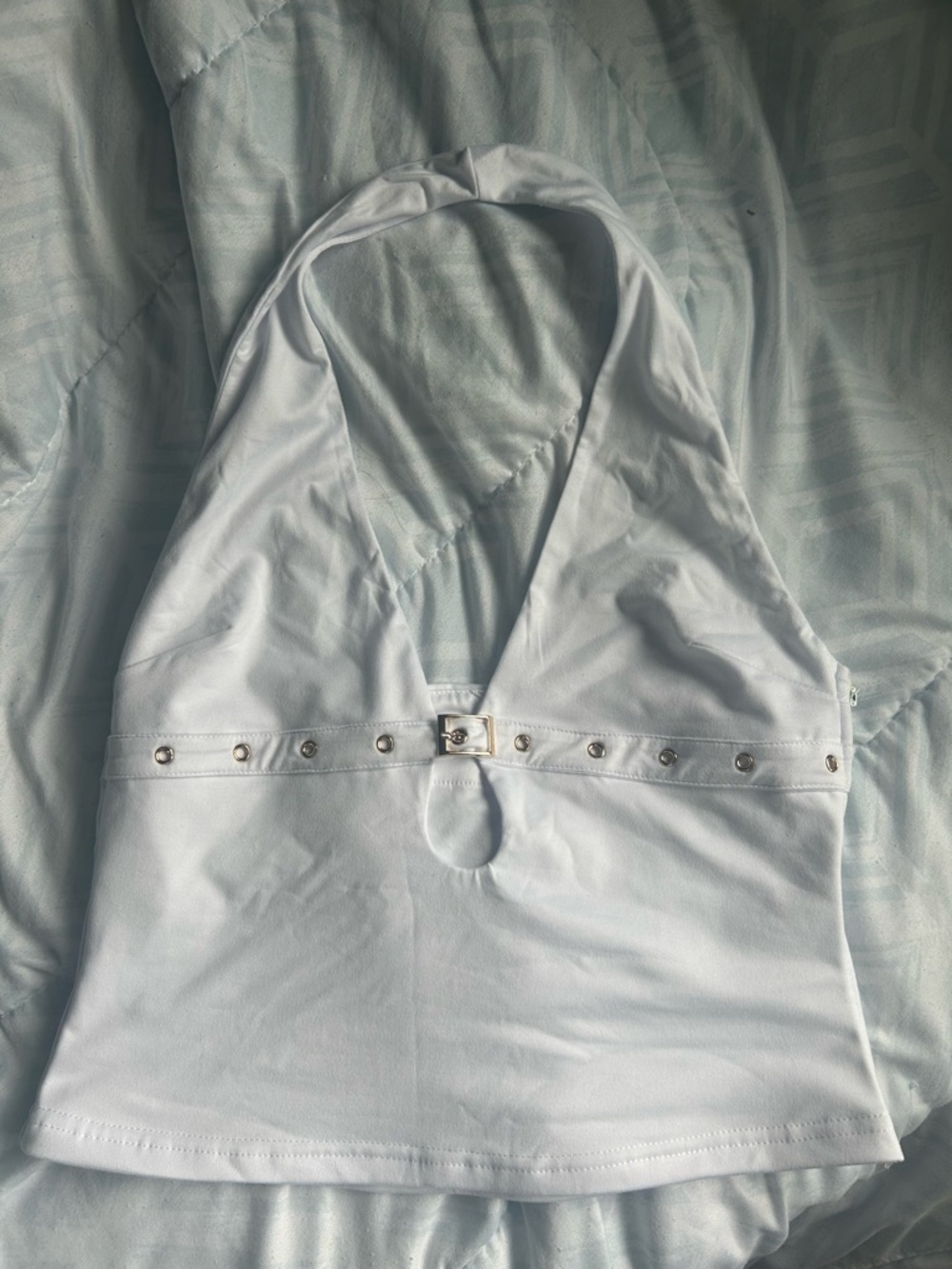 White Halter Crop Top with Studded Waist